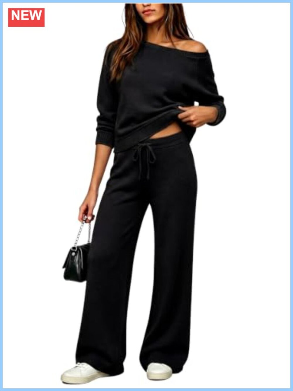 Off Shoulder Knit 2 Piece Sweater Set Wide Leg Pants Lounge Outfit